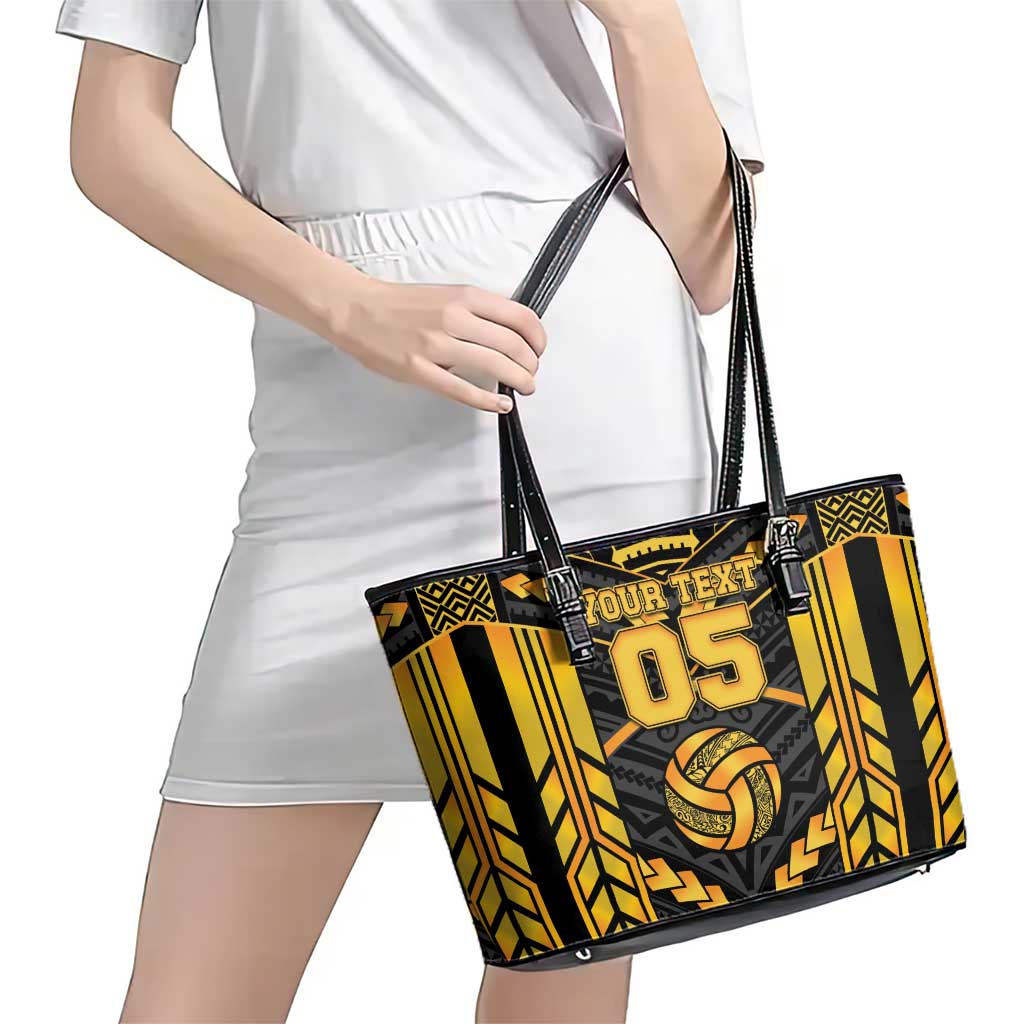 Custom Polynesia Beach Volleyball Leather Tote Bag Gold Polynesian Tribal Pattern - Polynesian Pride