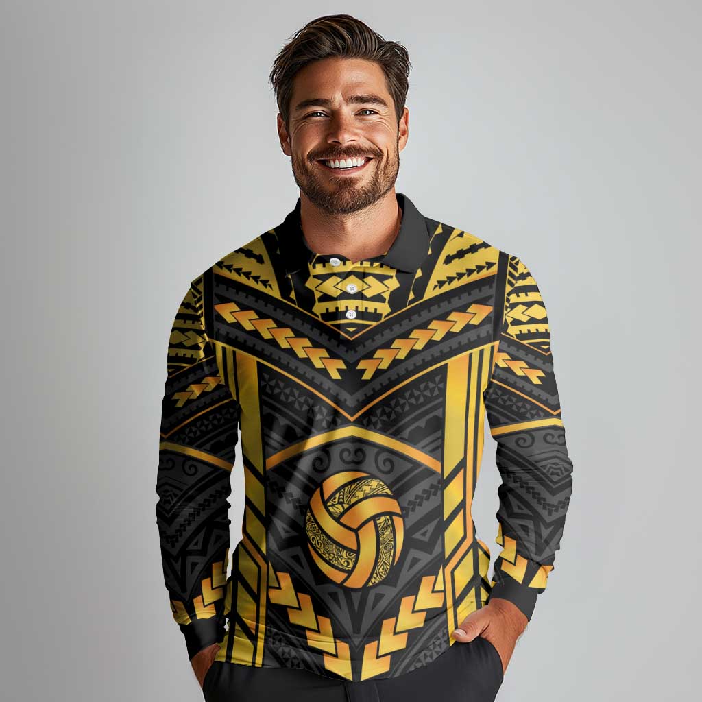 Custom Polynesia Beach Volleyball Long Sleeve Polo Shirt Gold Polynesian Tribal Pattern - Polynesian Pride