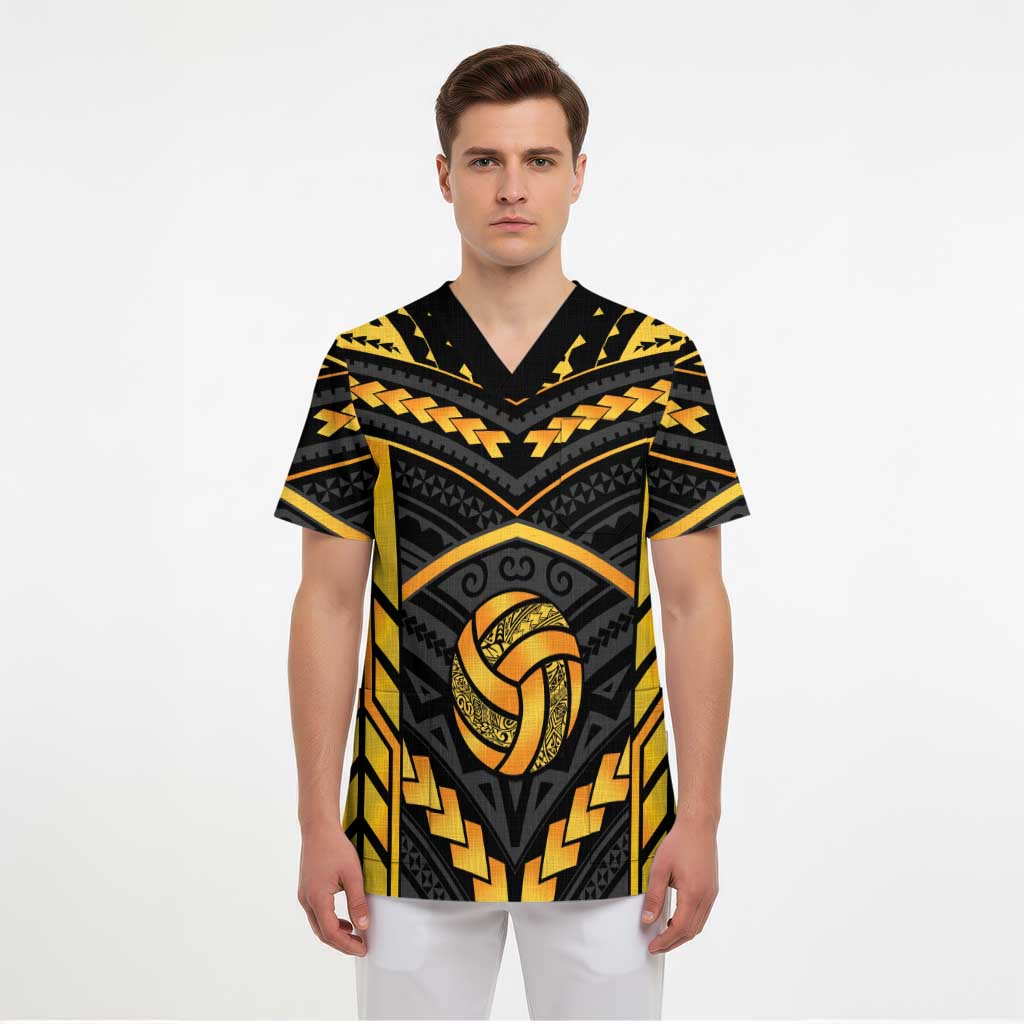 Custom Polynesia Beach Volleyball Scrub Top Gold Polynesian Tribal Pattern - Polynesian Pride