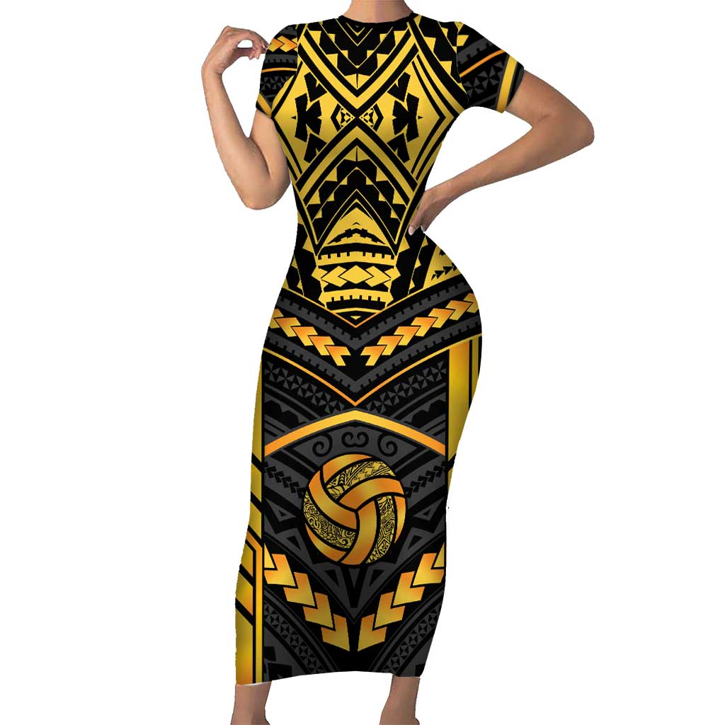 Custom Polynesia Beach Volleyball Short Sleeve Bodycon Dress Gold Polynesian Tribal Pattern LT05 Long Dress Gold - Polynesian Pride