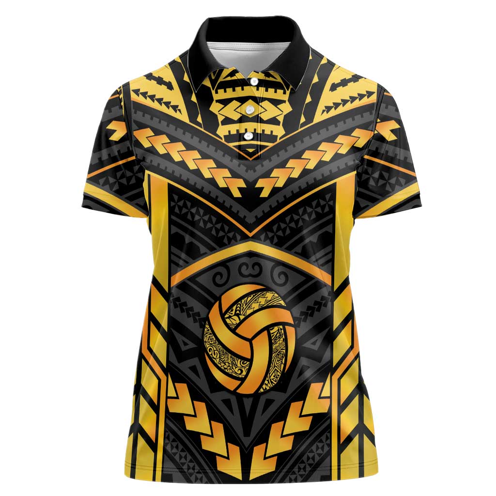 Custom Polynesia Beach Volleyball Women Polo Shirt Gold Polynesian Tribal Pattern - Polynesian Pride