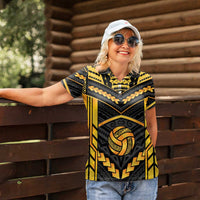 Custom Polynesia Beach Volleyball Women Polo Shirt Gold Polynesian Tribal Pattern - Polynesian Pride