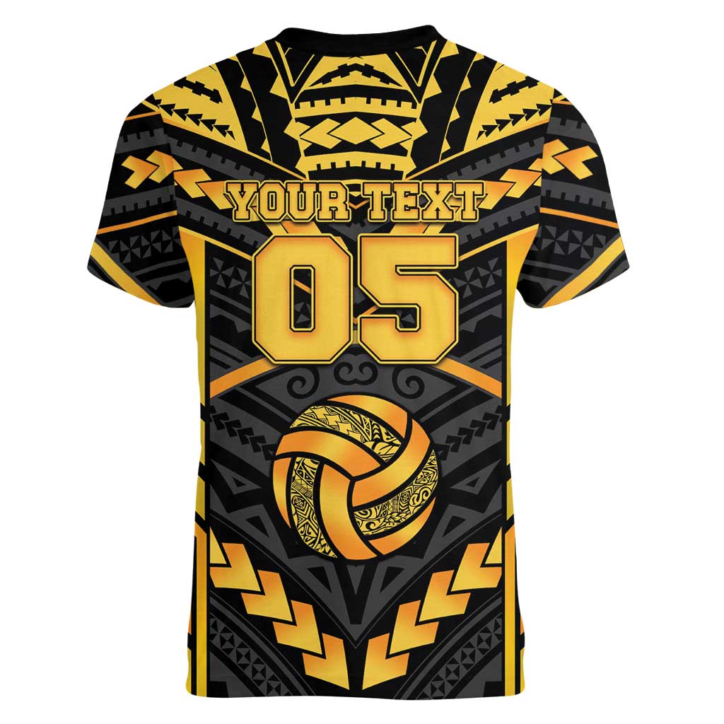 Custom Polynesia Beach Volleyball Women V-Neck T-Shirt Gold Polynesian Tribal Pattern - Polynesian Pride