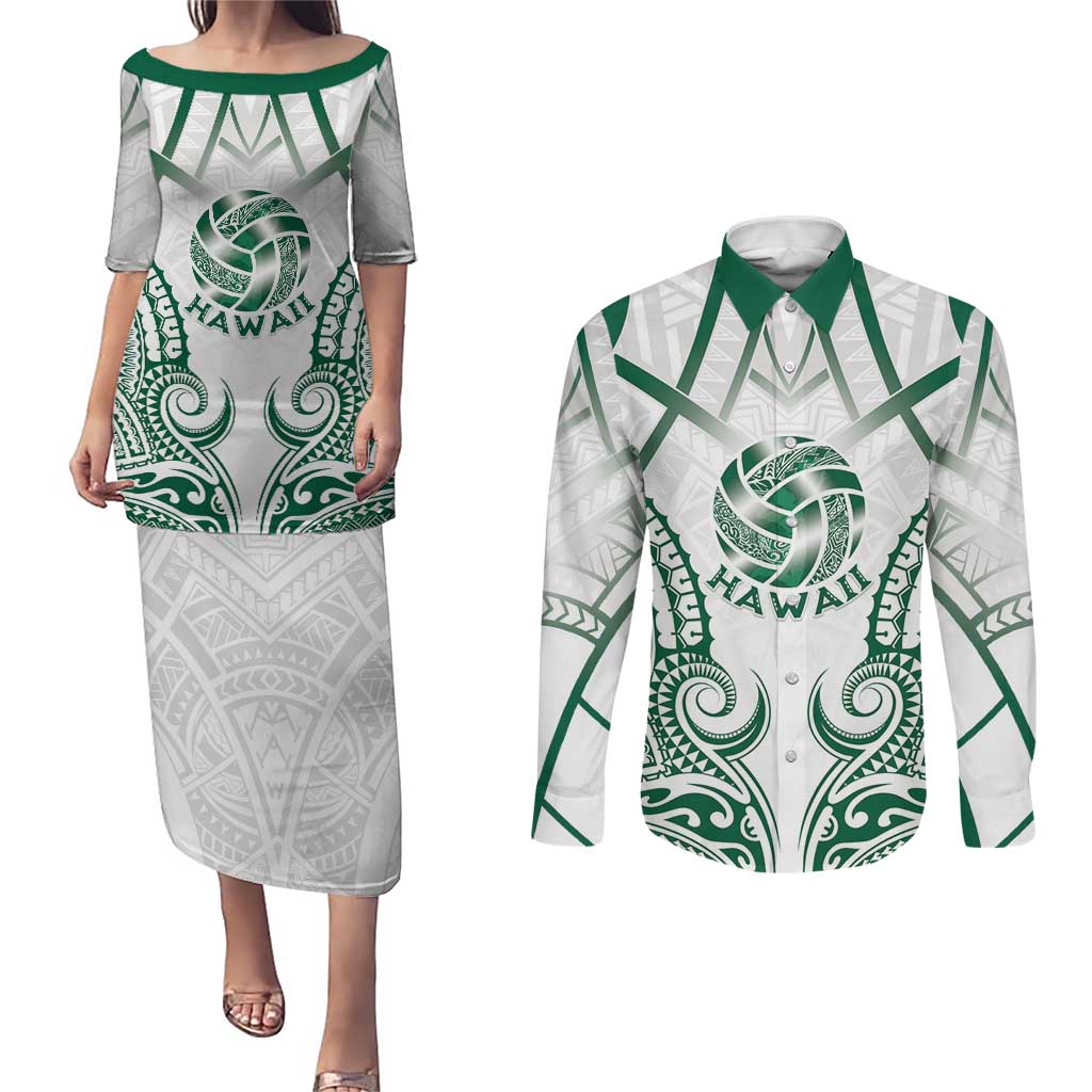 Custom Hawaii Volleyball Couples Matching Puletasi and Long Sleeve Button Shirt Polynesian Pattern - Polynesian Pride