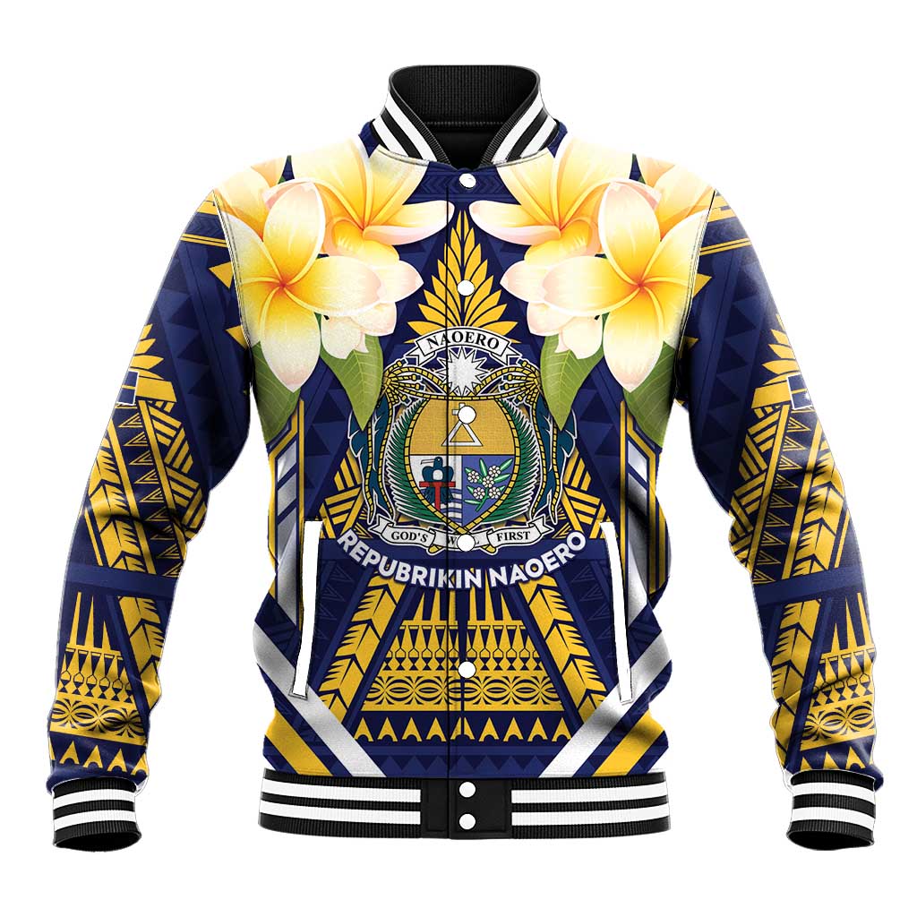 Personalised Nauru Independence Day Baseball Jacket Coat Of Arms With Plumeria - Polynesian Pride