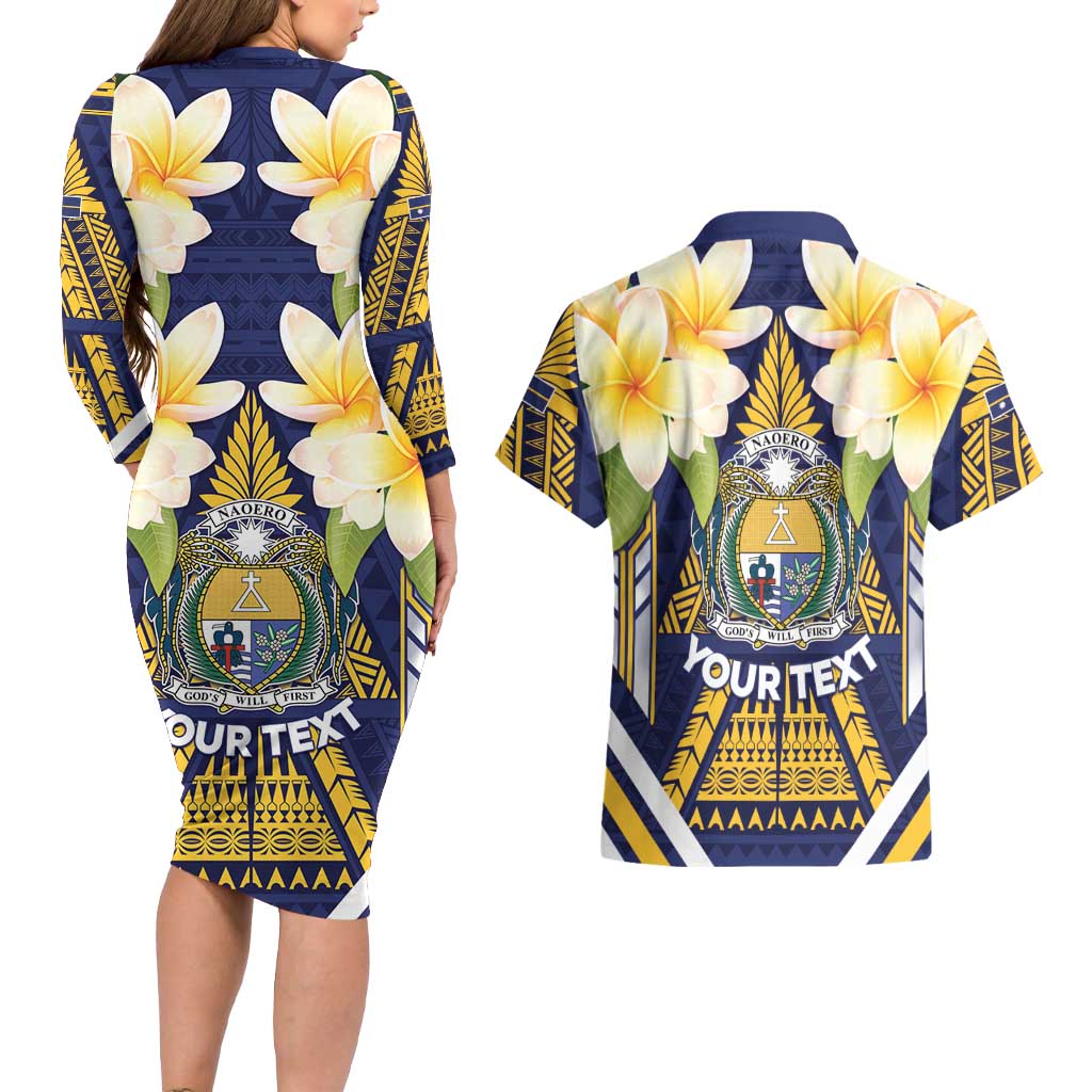Personalised Nauru Independence Day Couples Matching Long Sleeve Bodycon Dress and Hawaiian Shirt Coat Of Arms With Plumeria LT05 - Polynesian Pride