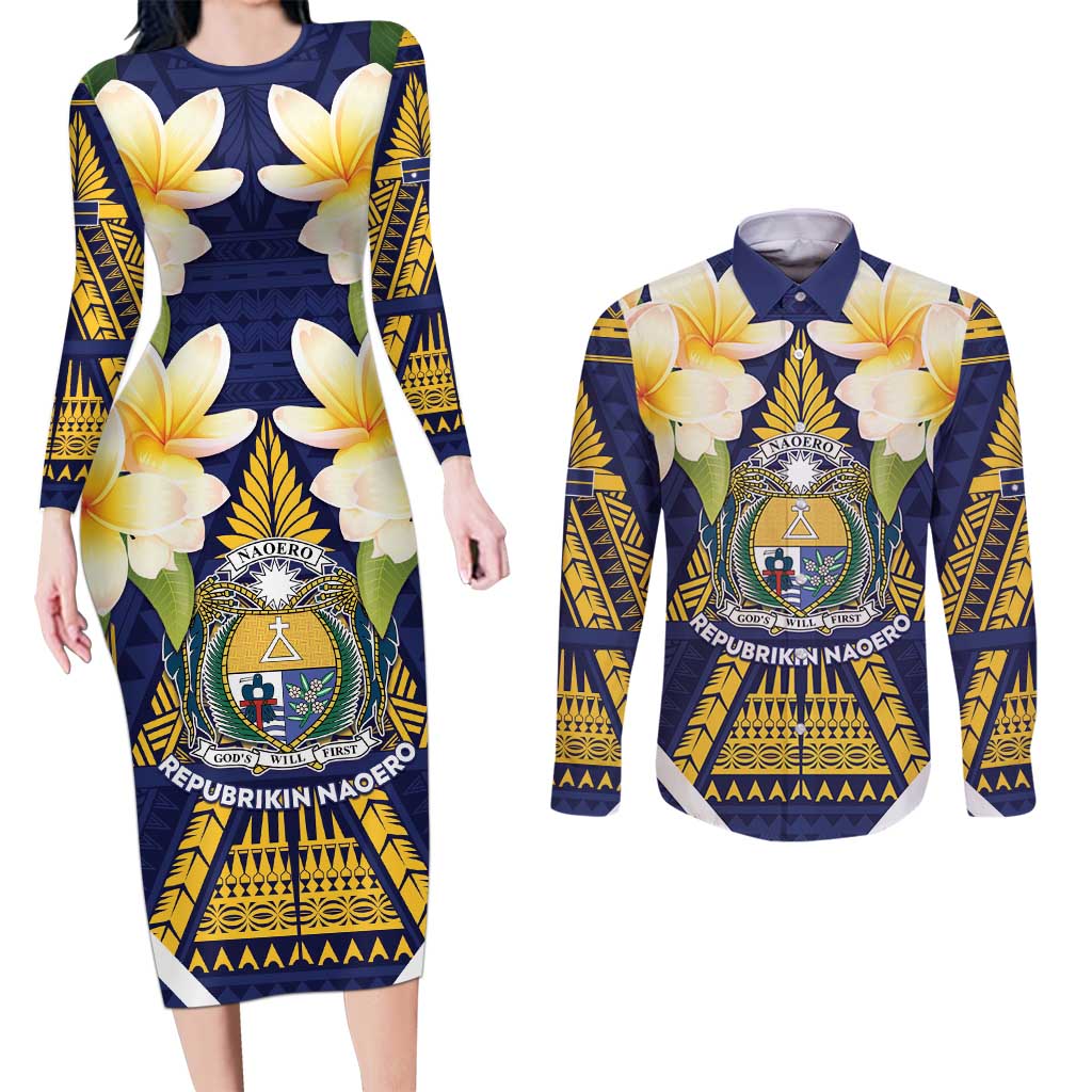 Personalised Nauru Independence Day Couples Matching Long Sleeve Bodycon Dress and Long Sleeve Button Shirt Coat Of Arms With Plumeria - Polynesian Pride