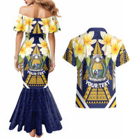 Personalised Nauru Independence Day Couples Matching Mermaid Dress and Hawaiian Shirt Coat Of Arms With Plumeria LT05 - Polynesian Pride