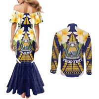 Personalised Nauru Independence Day Couples Matching Mermaid Dress and Long Sleeve Button Shirt Coat Of Arms With Plumeria LT05 - Polynesian Pride