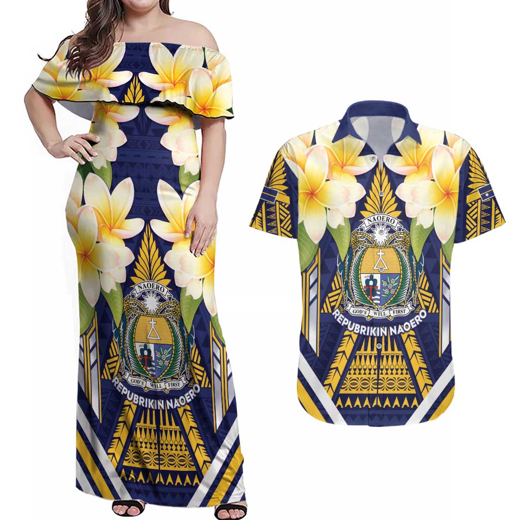 Personalised Nauru Independence Day Couples Matching Off Shoulder Maxi Dress and Hawaiian Shirt Coat Of Arms With Plumeria LT05 Navy - Polynesian Pride
