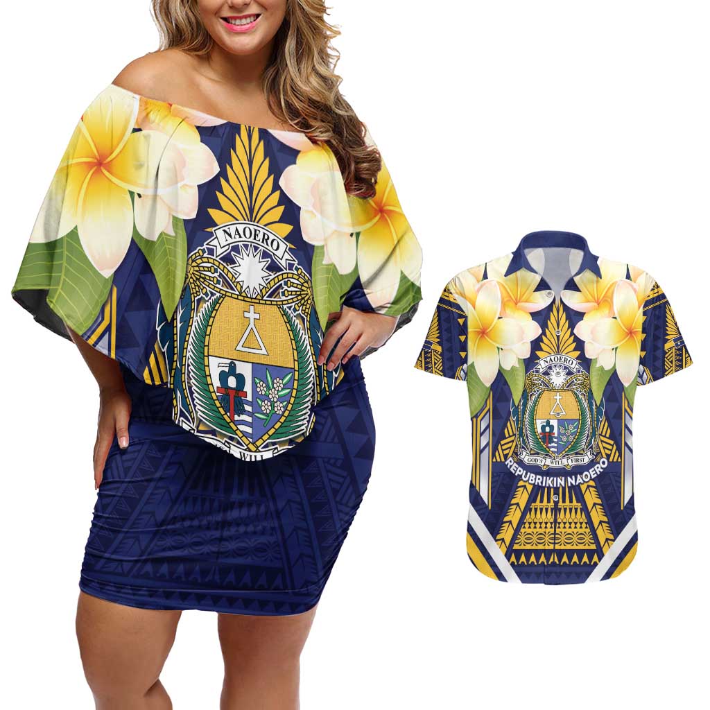 Personalised Nauru Independence Day Couples Matching Off Shoulder Short Dress and Hawaiian Shirt Coat Of Arms With Plumeria - Polynesian Pride