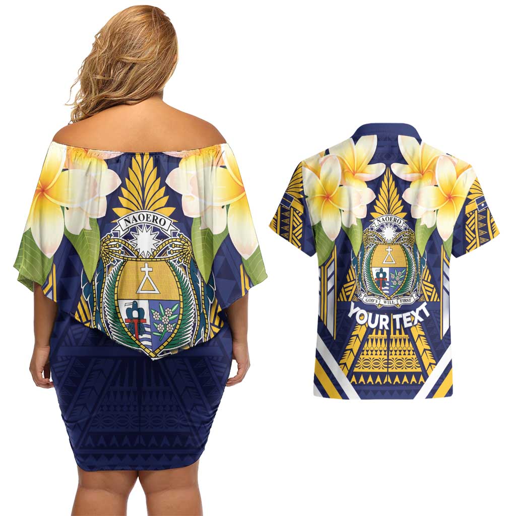 Personalised Nauru Independence Day Couples Matching Off Shoulder Short Dress and Hawaiian Shirt Coat Of Arms With Plumeria LT05 - Polynesian Pride