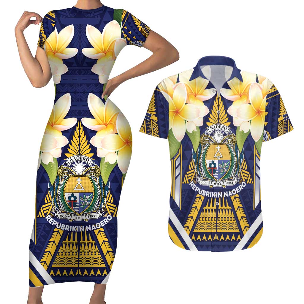 Personalised Nauru Independence Day Couples Matching Short Sleeve Bodycon Dress and Hawaiian Shirt Coat Of Arms With Plumeria - Polynesian Pride