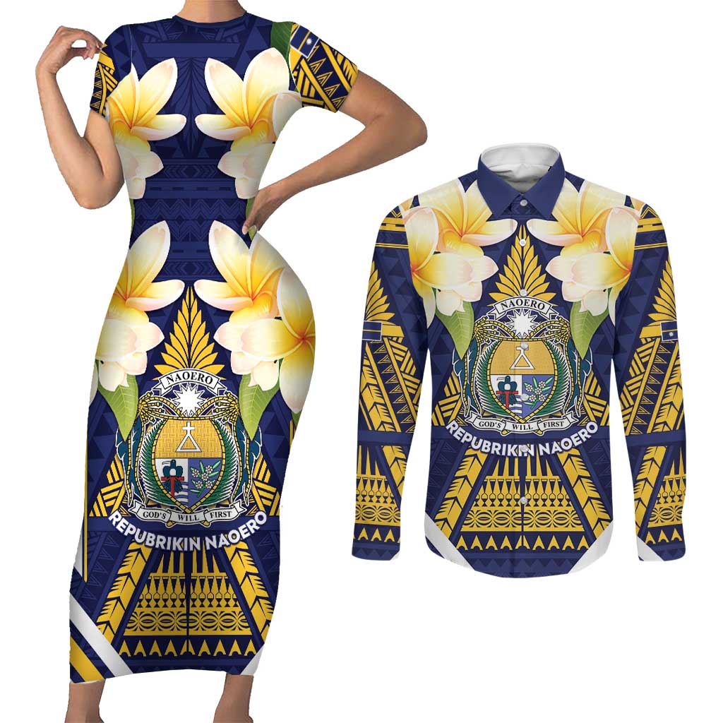 Personalised Nauru Independence Day Couples Matching Short Sleeve Bodycon Dress and Long Sleeve Button Shirt Coat Of Arms With Plumeria LT05 Navy - Polynesian Pride