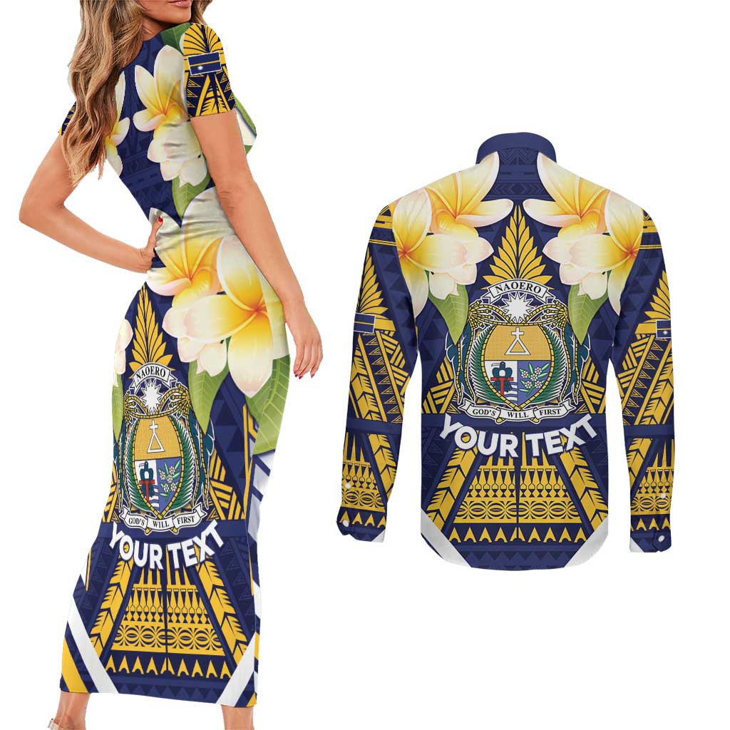 Personalised Nauru Independence Day Couples Matching Short Sleeve Bodycon Dress and Long Sleeve Button Shirt Coat Of Arms With Plumeria LT05 - Polynesian Pride