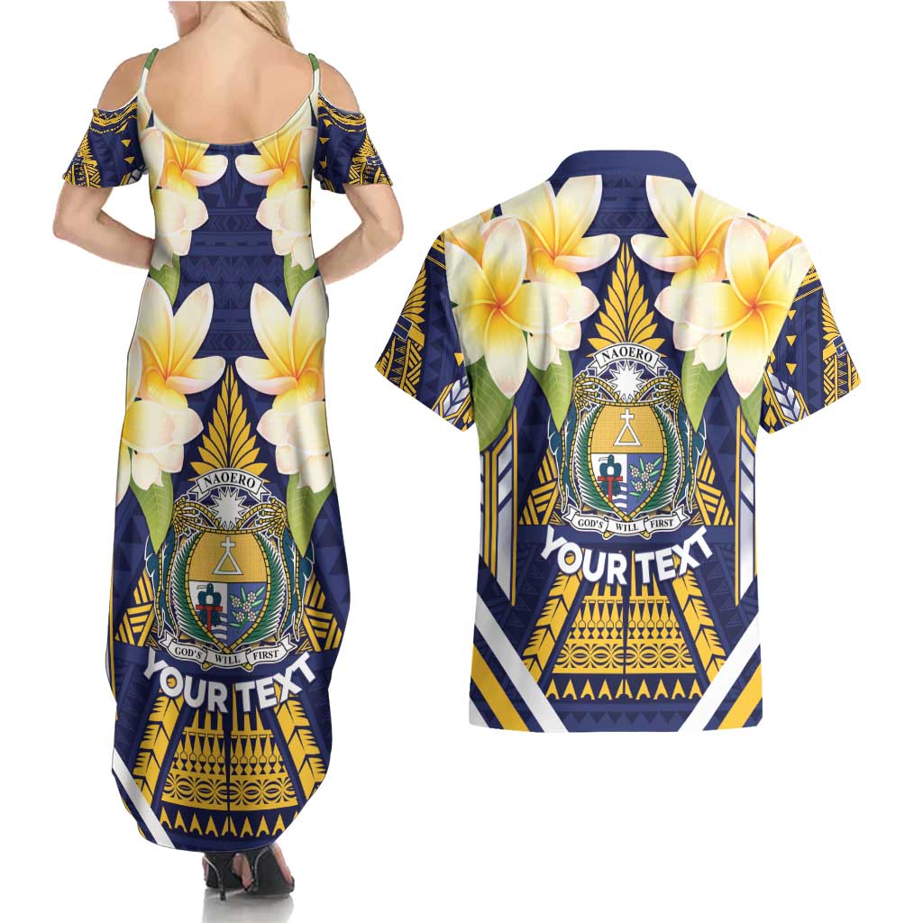 Personalised Nauru Independence Day Couples Matching Summer Maxi Dress and Hawaiian Shirt Coat Of Arms With Plumeria - Polynesian Pride