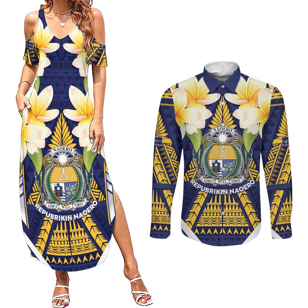 Personalised Nauru Independence Day Couples Matching Summer Maxi Dress and Long Sleeve Button Shirt Coat Of Arms With Plumeria - Polynesian Pride
