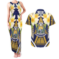 Personalised Nauru Independence Day Couples Matching Tank Maxi Dress and Hawaiian Shirt Coat Of Arms With Plumeria LT05 Navy - Polynesian Pride