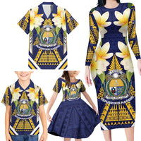 Personalised Nauru Independence Day Family Matching Long Sleeve Bodycon Dress and Hawaiian Shirt Coat Of Arms With Plumeria LT05 - Polynesian Pride