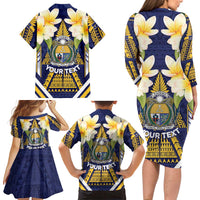 Personalised Nauru Independence Day Family Matching Long Sleeve Bodycon Dress and Hawaiian Shirt Coat Of Arms With Plumeria LT05 - Polynesian Pride