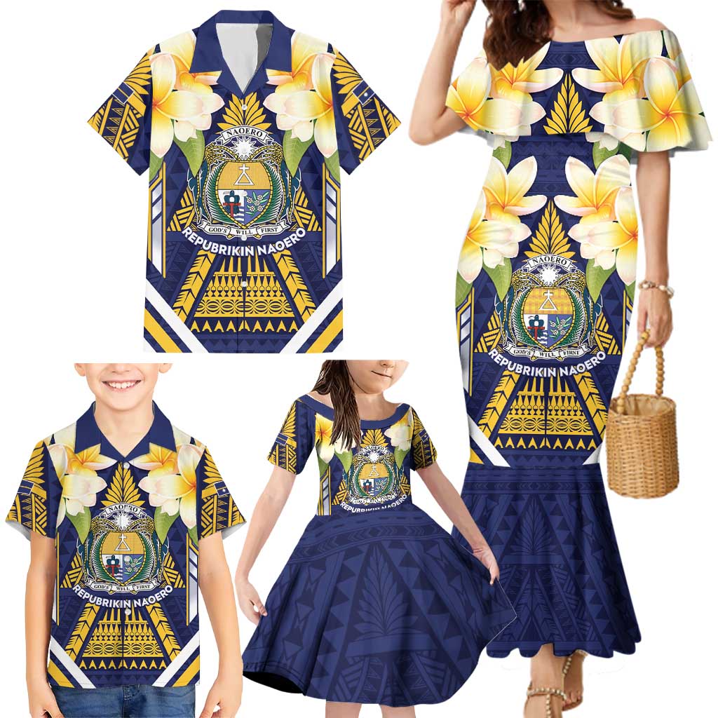 Personalised Nauru Independence Day Family Matching Mermaid Dress and Hawaiian Shirt Coat Of Arms With Plumeria LT05 - Polynesian Pride