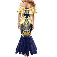 Personalised Nauru Independence Day Family Matching Mermaid Dress and Hawaiian Shirt Coat Of Arms With Plumeria LT05 - Polynesian Pride