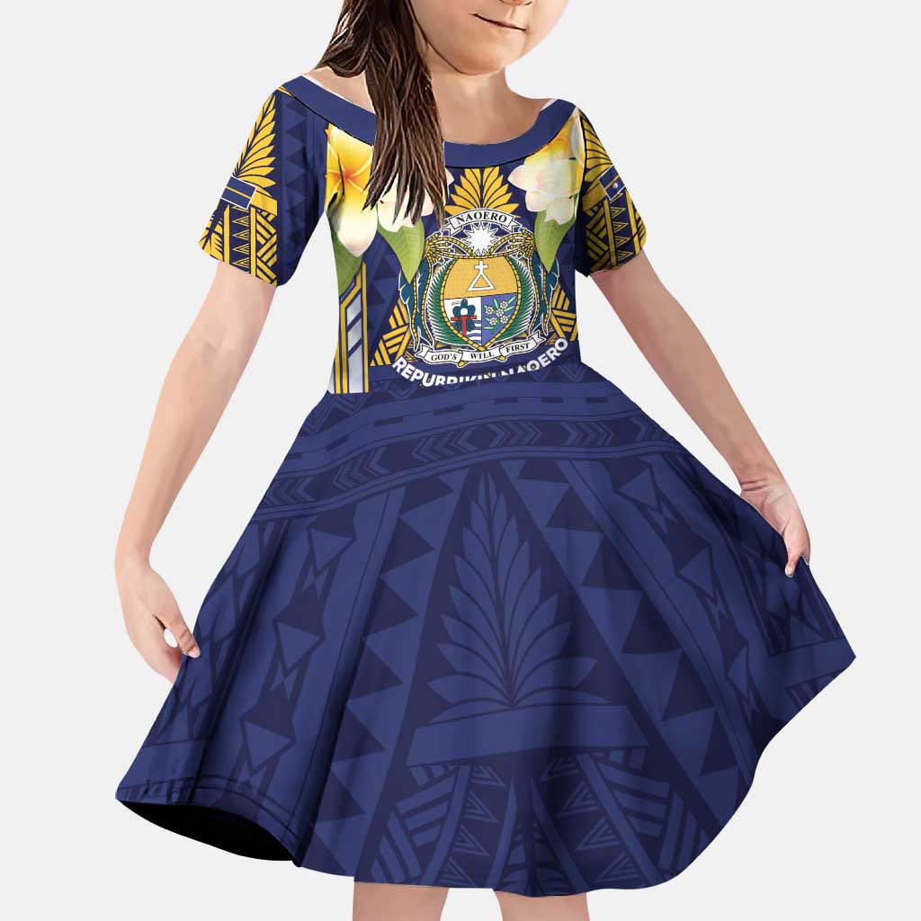 Personalised Nauru Independence Day Family Matching Off The Shoulder Long Sleeve Dress and Hawaiian Shirt Coat Of Arms With Plumeria LT05 Daughter's Dress Navy - Polynesian Pride