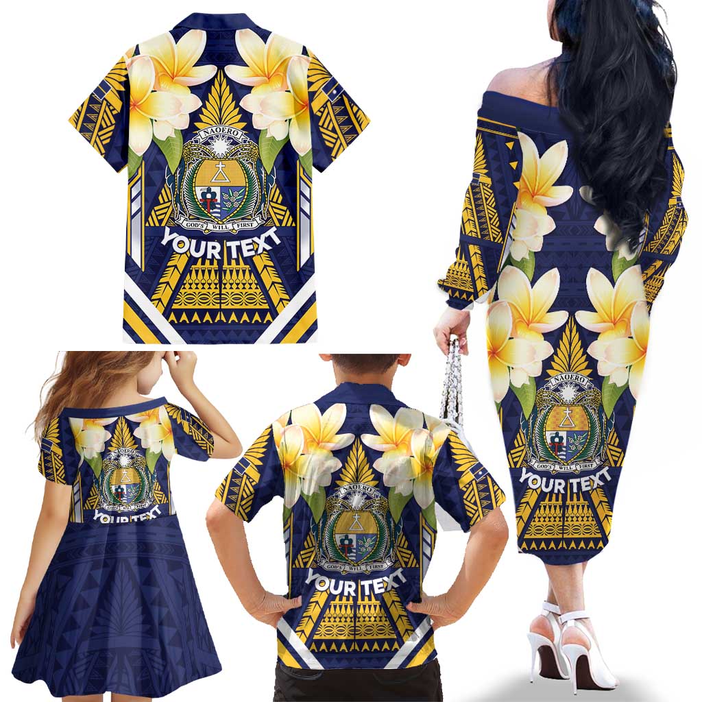 Personalised Nauru Independence Day Family Matching Off The Shoulder Long Sleeve Dress and Hawaiian Shirt Coat Of Arms With Plumeria LT05 - Polynesian Pride