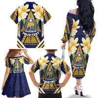 Personalised Nauru Independence Day Family Matching Off The Shoulder Long Sleeve Dress and Hawaiian Shirt Coat Of Arms With Plumeria LT05 - Polynesian Pride