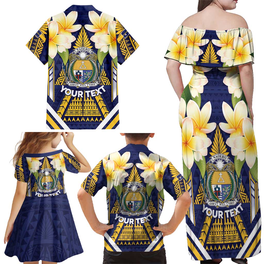 Personalised Nauru Independence Day Family Matching Off Shoulder Maxi Dress and Hawaiian Shirt Coat Of Arms With Plumeria LT05 - Polynesian Pride