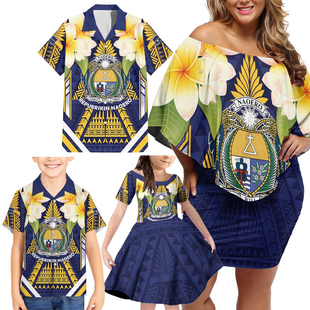 Personalised Nauru Independence Day Family Matching Off Shoulder Short Dress and Hawaiian Shirt Coat Of Arms With Plumeria - Polynesian Pride
