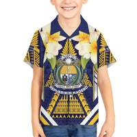 Personalised Nauru Independence Day Family Matching Off Shoulder Short Dress and Hawaiian Shirt Coat Of Arms With Plumeria LT05 Son's Shirt Navy - Polynesian Pride