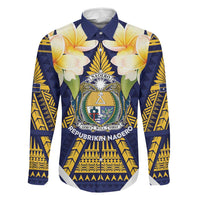 Personalised Nauru Independence Day Family Matching Puletasi and Hawaiian Shirt Coat Of Arms With Plumeria LT05 Dad's Shirt - Long Sleeve Navy - Polynesian Pride