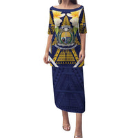 Personalised Nauru Independence Day Family Matching Puletasi and Hawaiian Shirt Coat Of Arms With Plumeria LT05 Mom's Dress Navy - Polynesian Pride