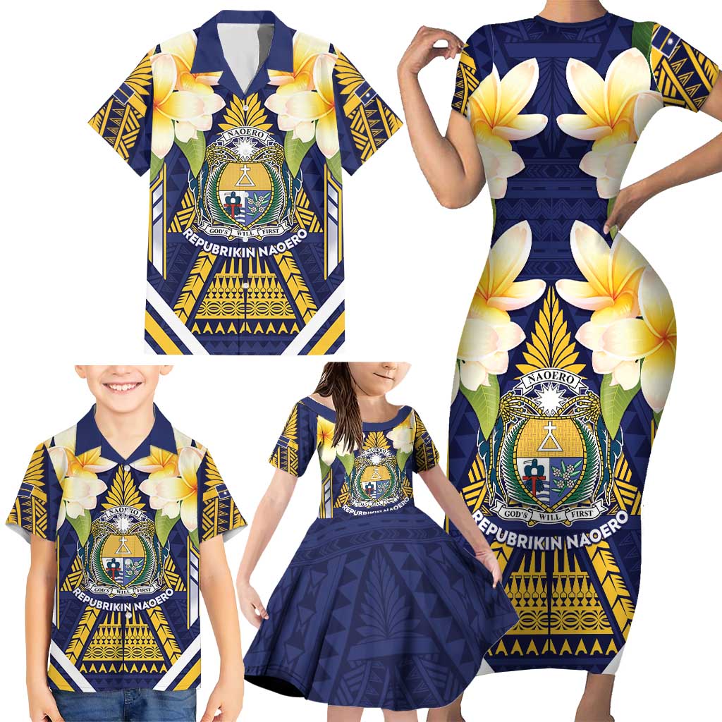Personalised Nauru Independence Day Family Matching Short Sleeve Bodycon Dress and Hawaiian Shirt Coat Of Arms With Plumeria LT05 - Polynesian Pride