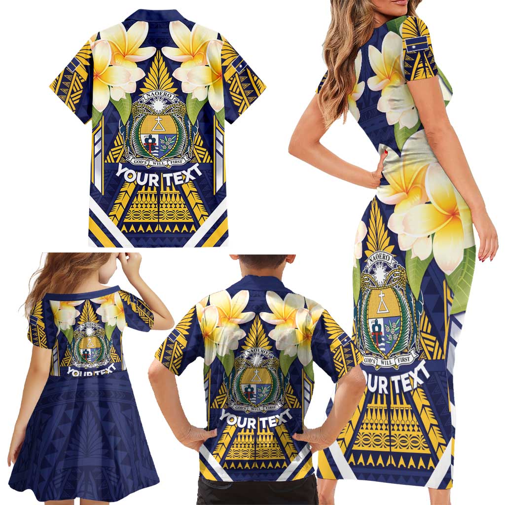 Personalised Nauru Independence Day Family Matching Short Sleeve Bodycon Dress and Hawaiian Shirt Coat Of Arms With Plumeria LT05 - Polynesian Pride