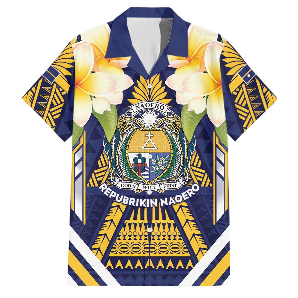 Personalised Nauru Independence Day Family Matching Tank Maxi Dress and Hawaiian Shirt Coat Of Arms With Plumeria LT05 Dad's Shirt - Short Sleeve Navy - Polynesian Pride