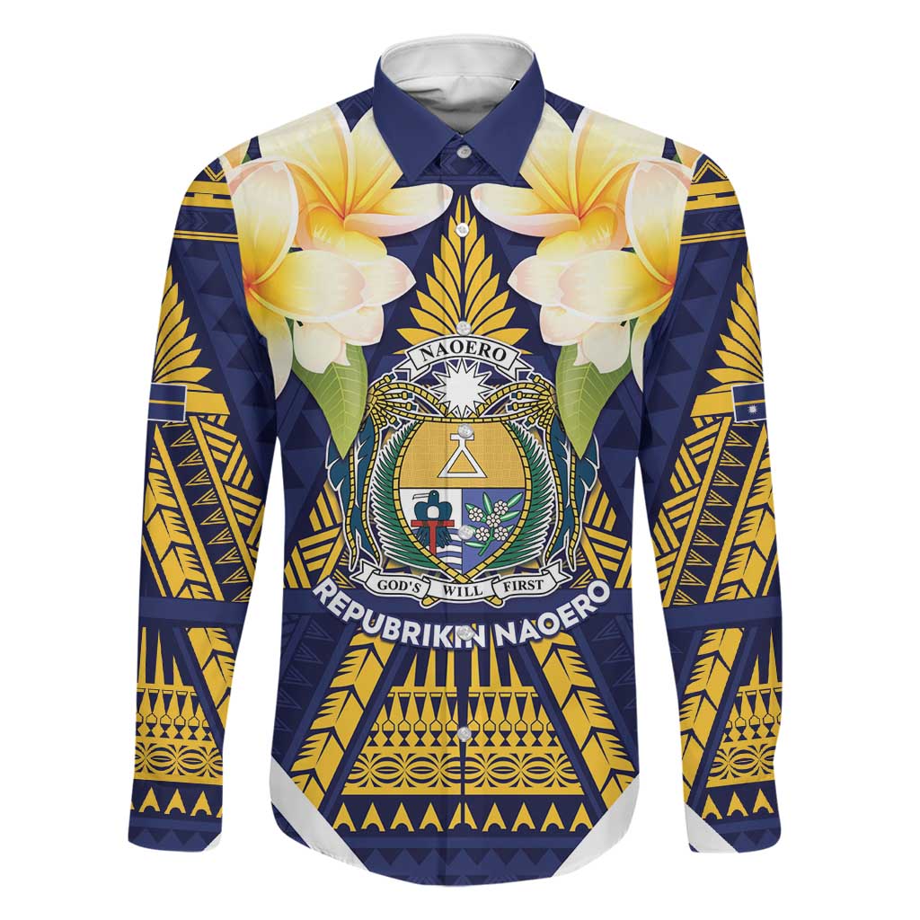 Personalised Nauru Independence Day Family Matching Tank Maxi Dress and Hawaiian Shirt Coat Of Arms With Plumeria LT05 Dad's Shirt - Long Sleeve Navy - Polynesian Pride