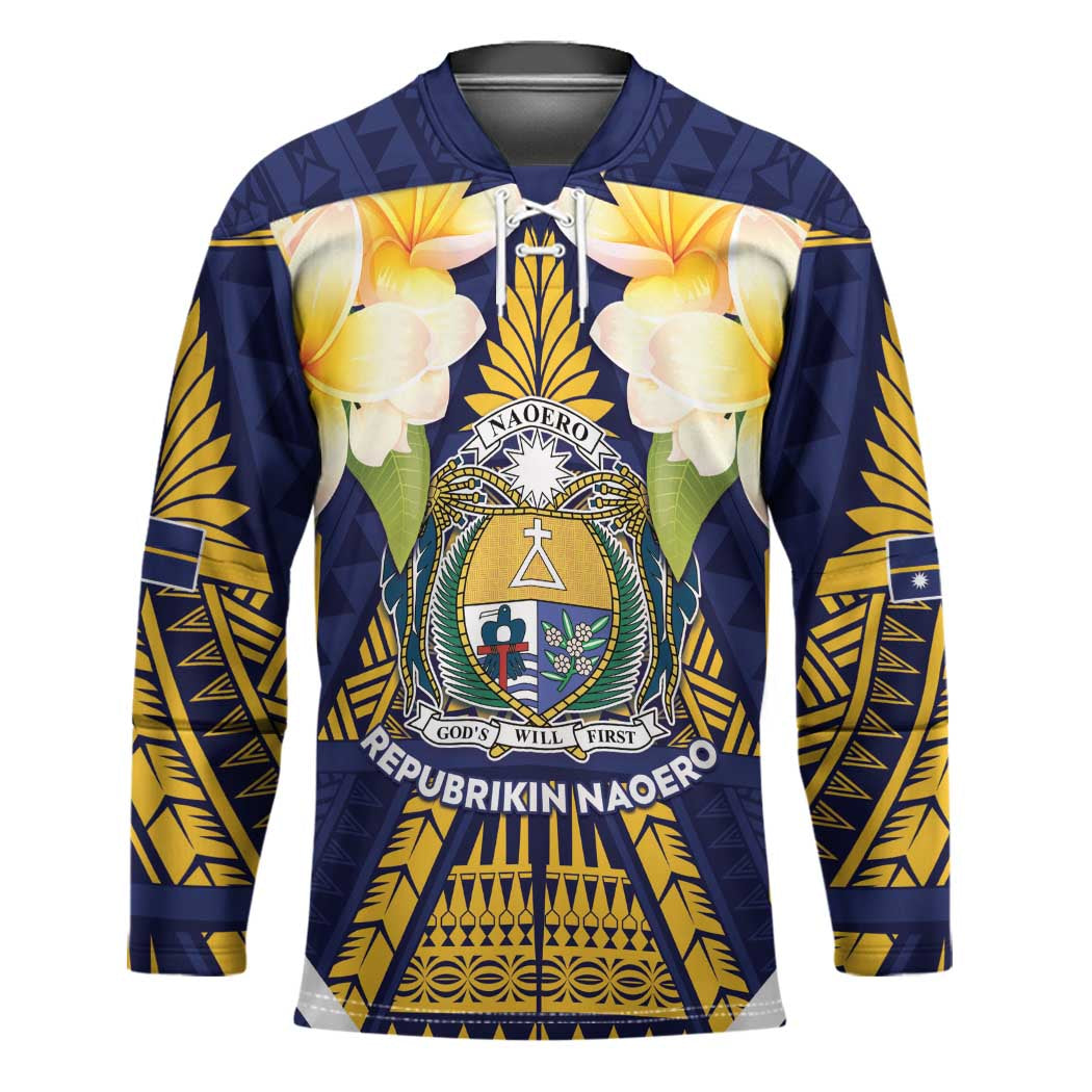Personalised Nauru Independence Day Hockey Jersey Coat Of Arms With Plumeria LT05 Unisex Navy - Polynesian Pride