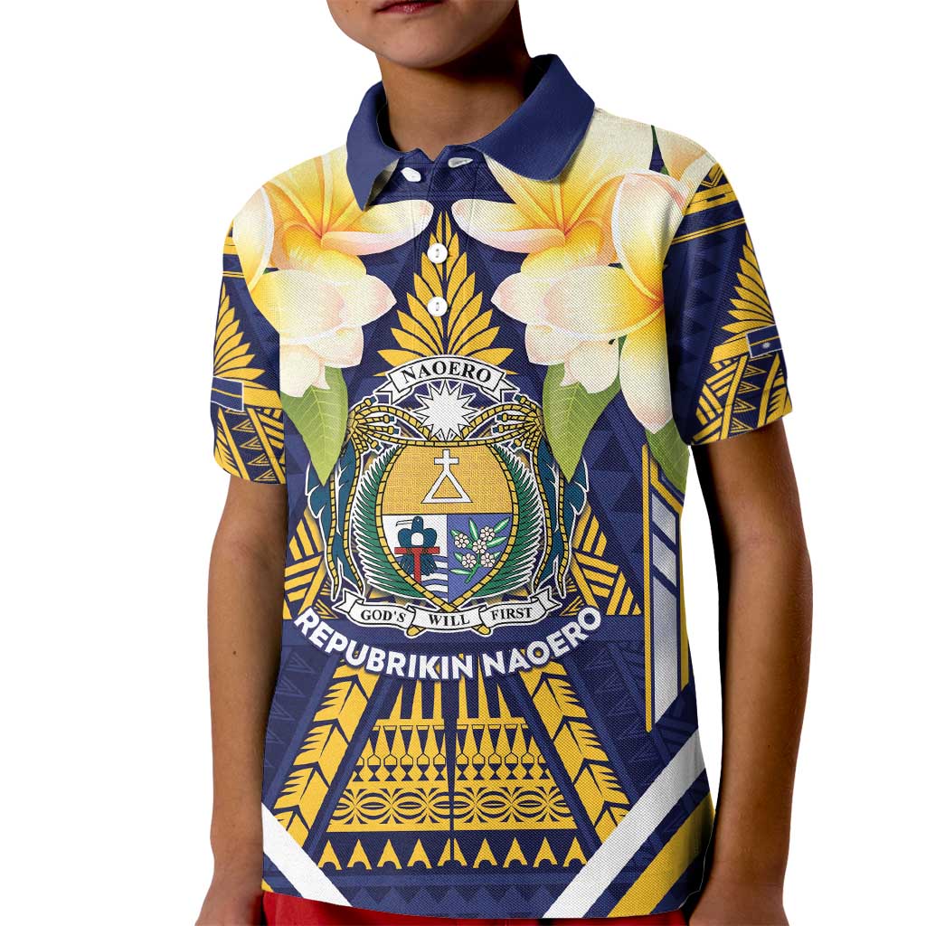 Personalised Nauru Independence Day Kid Polo Shirt Coat Of Arms With Plumeria - Polynesian Pride