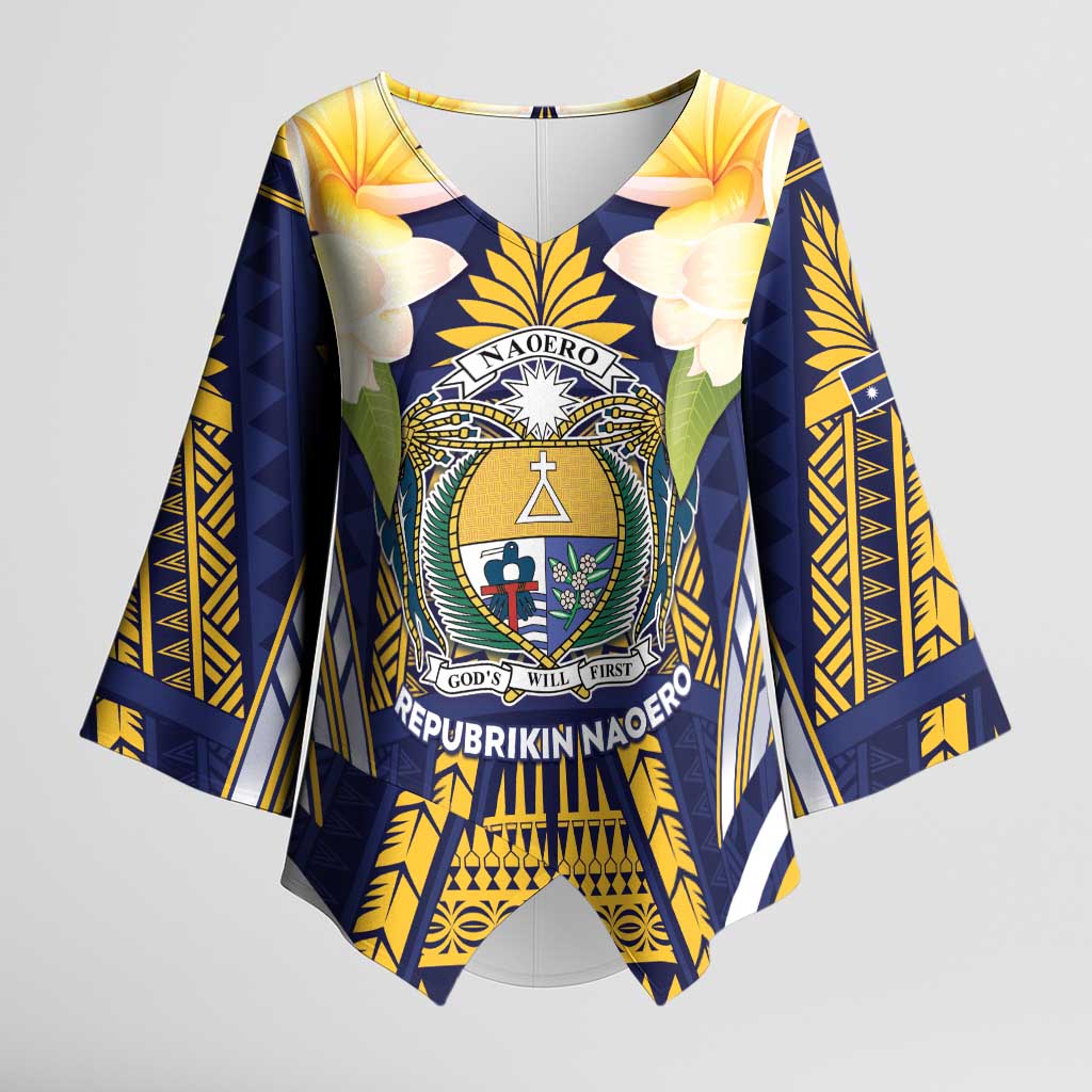 Personalised Nauru Independence Day Kimono Sleeve Blouse Coat Of Arms With Plumeria - Polynesian Pride