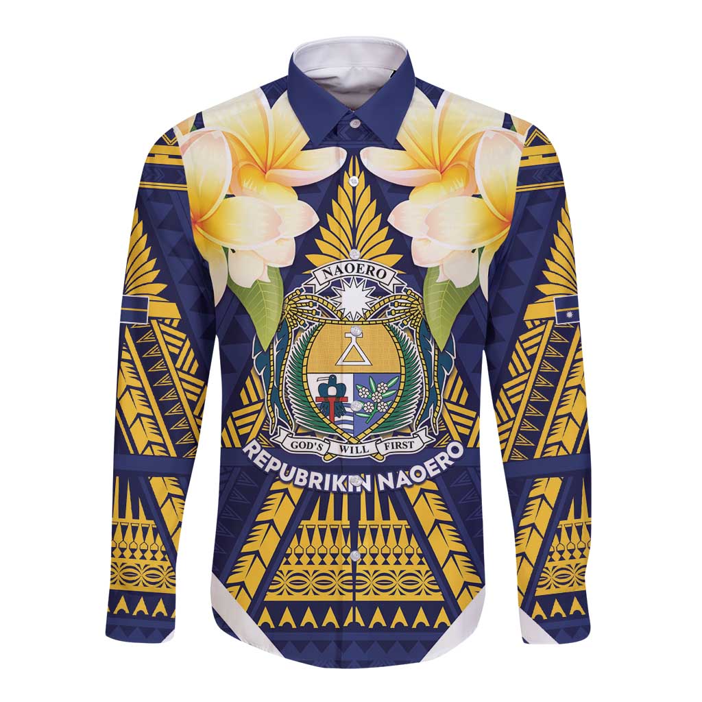Personalised Nauru Independence Day Long Sleeve Button Shirt Coat Of Arms With Plumeria - Polynesian Pride