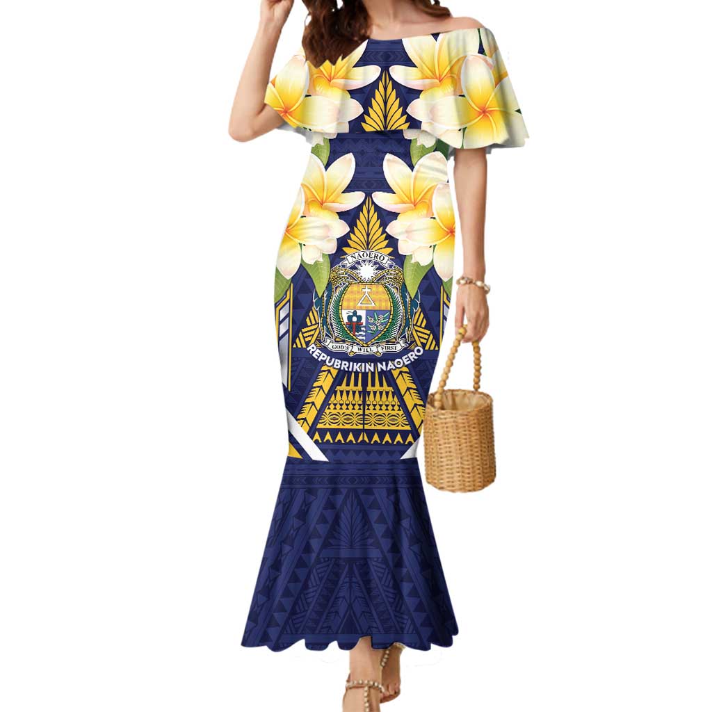 Personalised Nauru Independence Day Mermaid Dress Coat Of Arms With Plumeria - Polynesian Pride