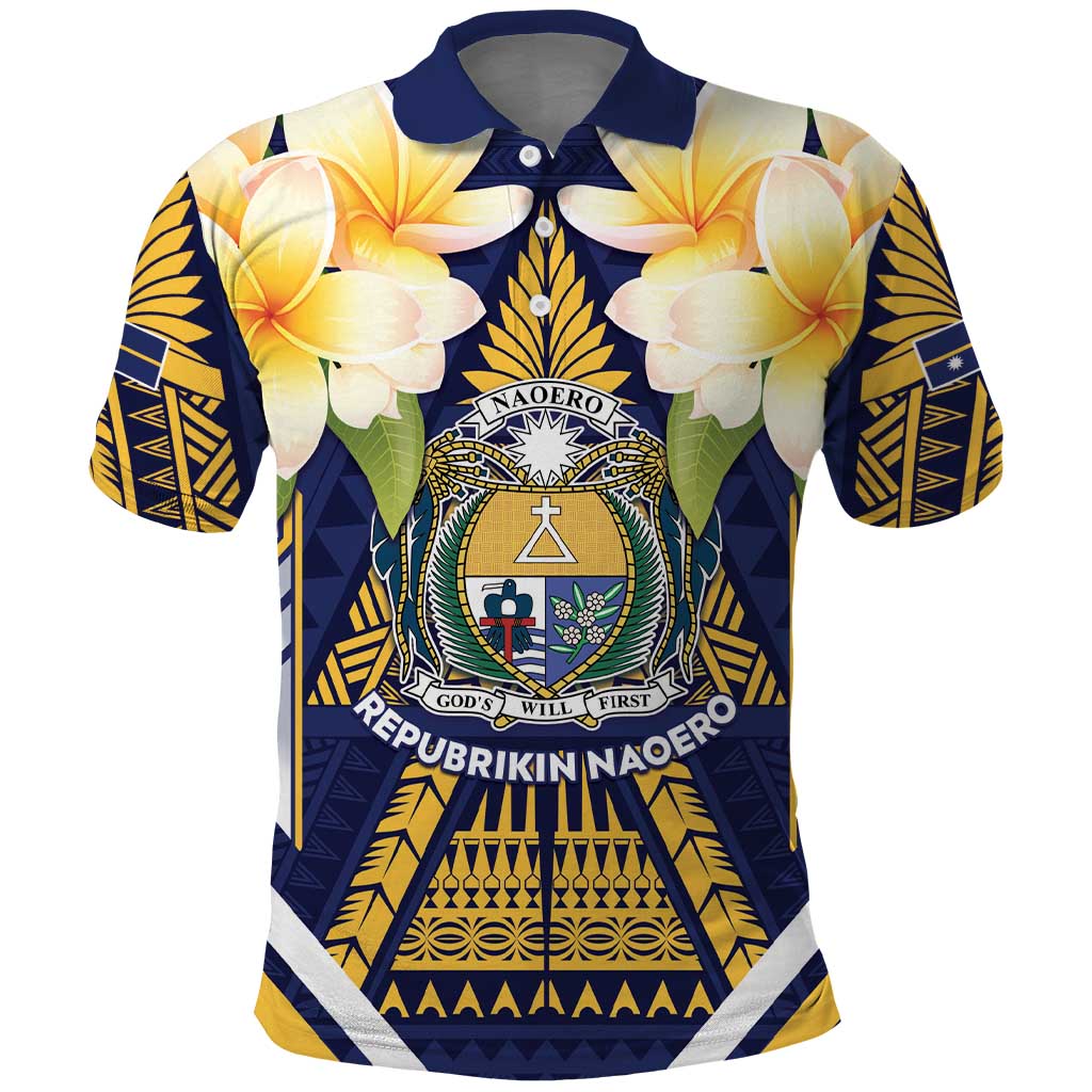Personalised Nauru Independence Day Polo Shirt Coat Of Arms With Plumeria - Polynesian Pride