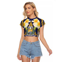 Personalised Nauru Independence Day Raglan Cropped T Shirt Coat Of Arms With Plumeria - Polynesian Pride