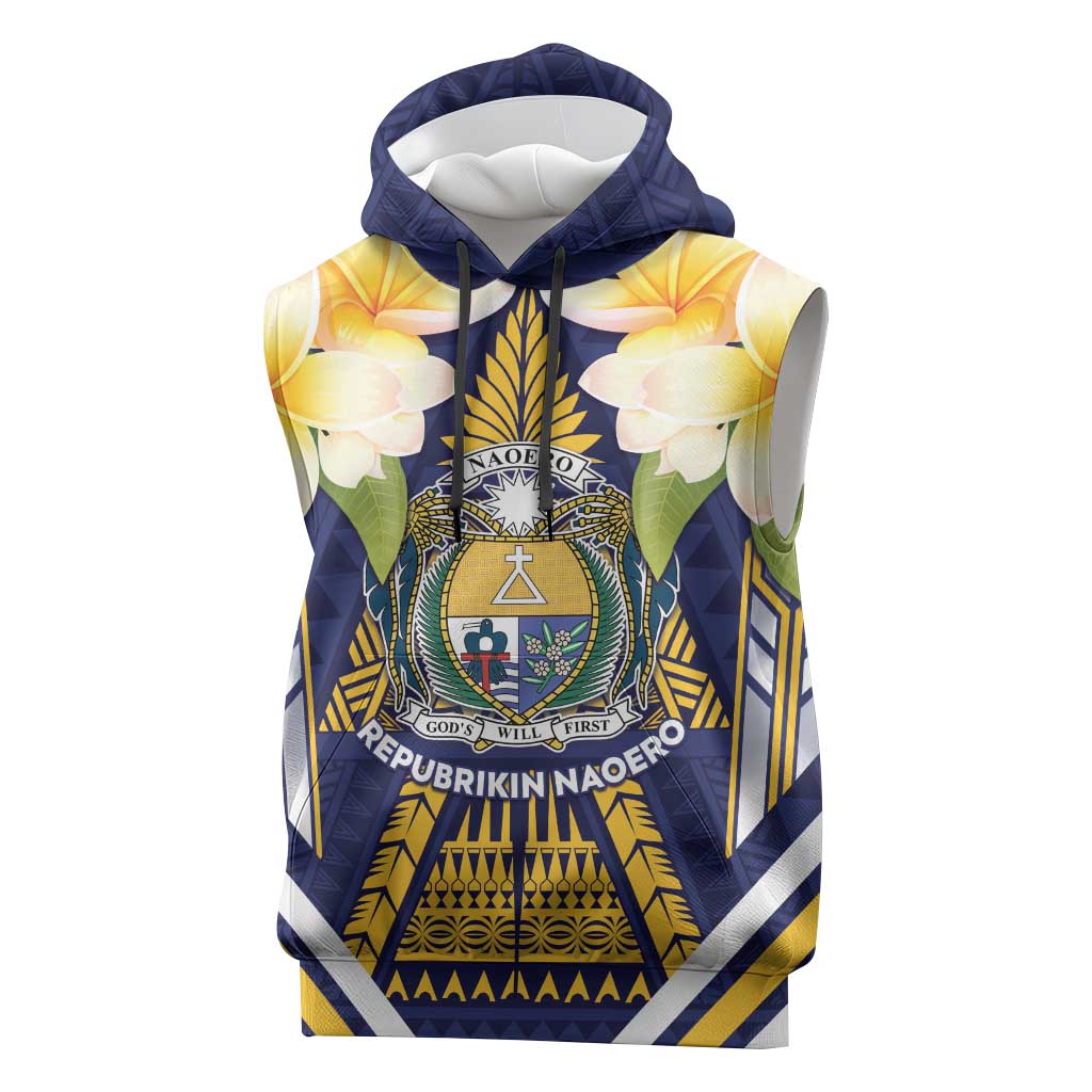 Personalised Nauru Independence Day Sleeveless Hoodie Coat Of Arms With Plumeria - Polynesian Pride
