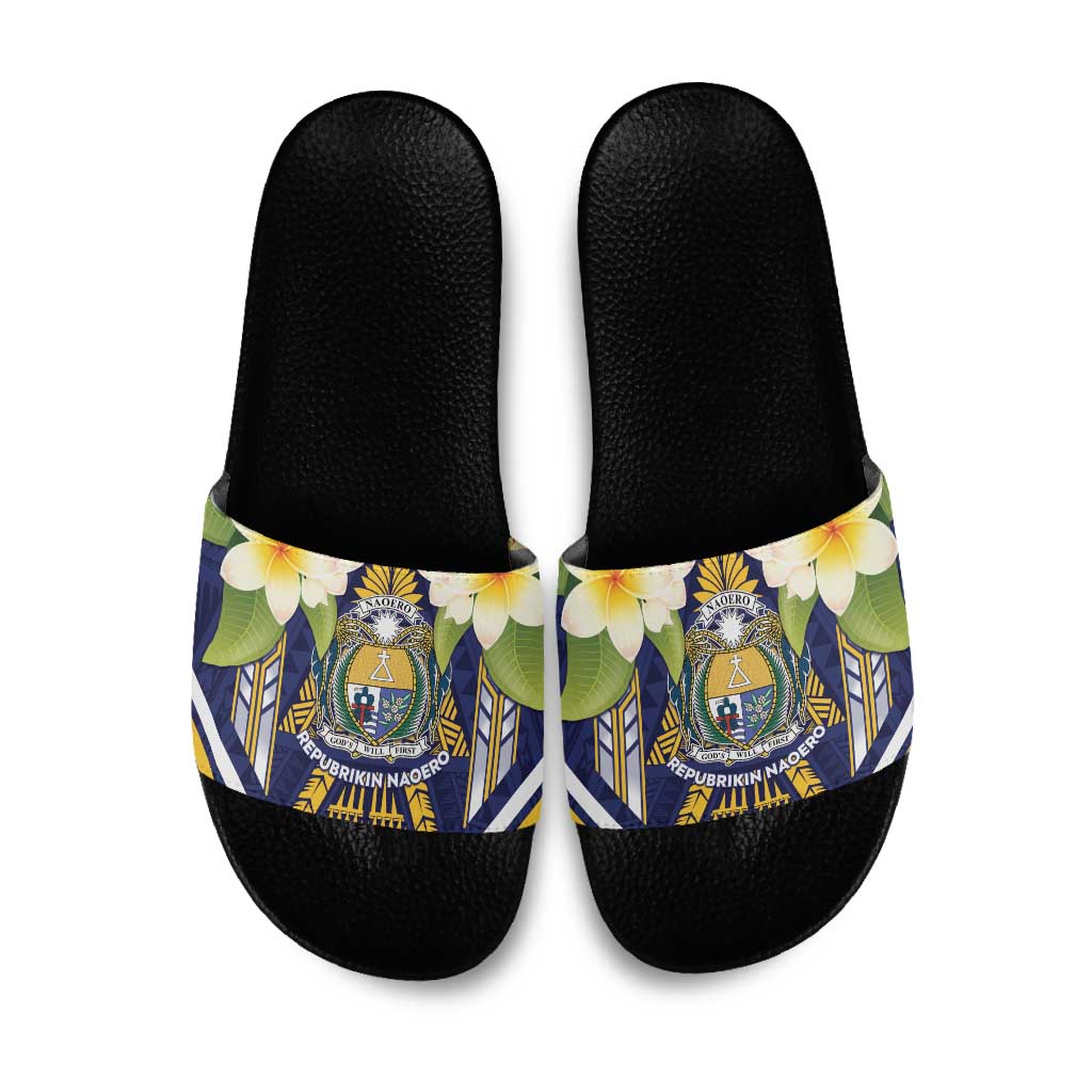Nauru Independence Day Slide Sandals Coat Of Arms With Plumeria - Polynesian Pride