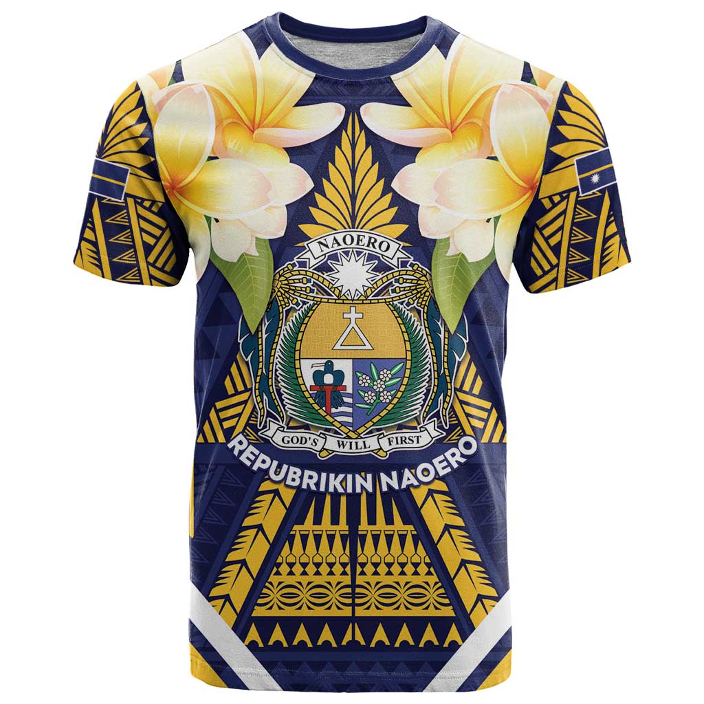 Personalised Nauru Independence Day T Shirt Coat Of Arms With Plumeria - Polynesian Pride