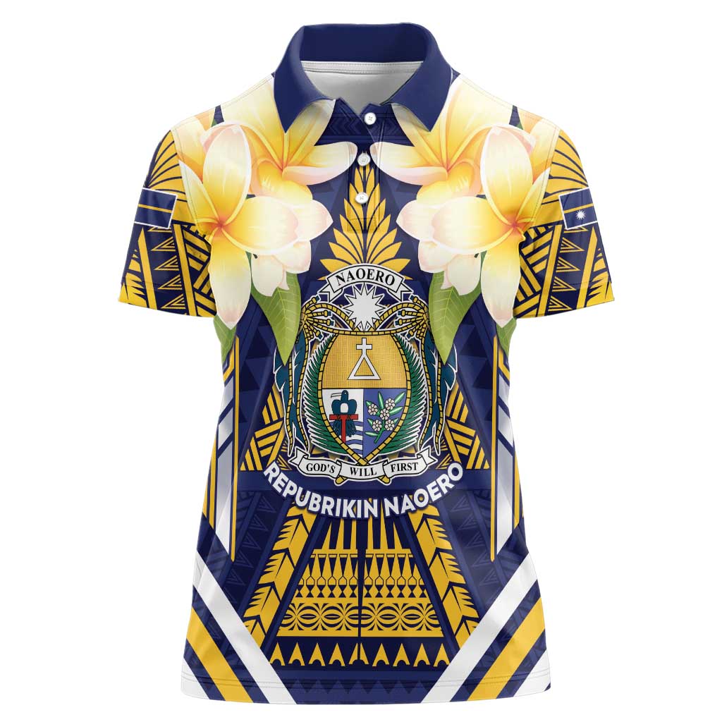 Personalised Nauru Independence Day Women Polo Shirt Coat Of Arms With Plumeria - Polynesian Pride