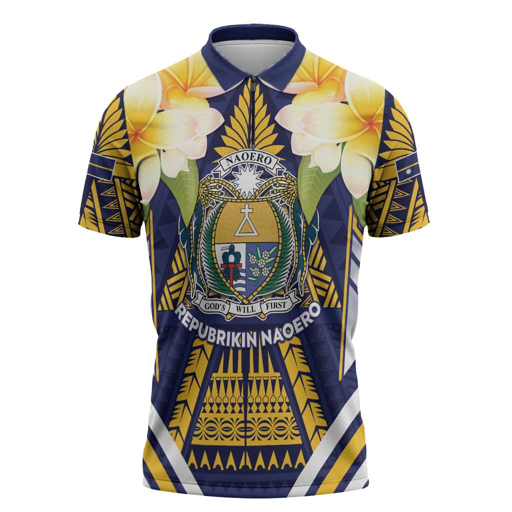 Personalised Nauru Independence Day Zipper Polo Shirt Coat Of Arms With Plumeria - Polynesian Pride